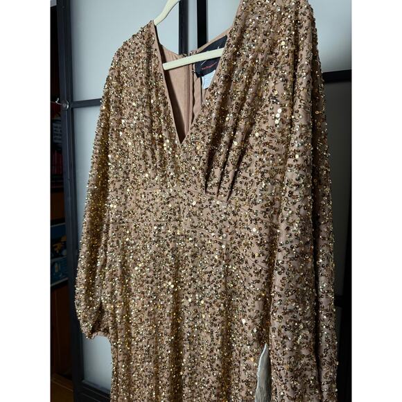 NWT Mac Duggal Brown Sequined Puff Sleeve V Neck Gown Size 14 - Picture 9 of 11